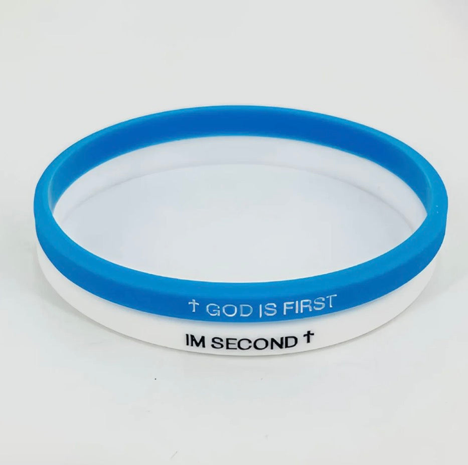 God is first wristbands Blue + White